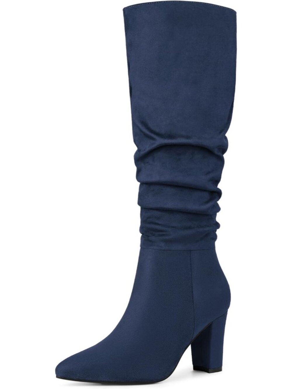 🆕Women's Dark Blue Slouchy Pointed Toe Knee High Boots Chunky Block Heel Shoes